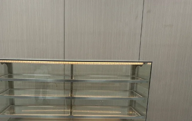 Display organizer's medium density fiberboard and glass pastry display cabinets for cake display