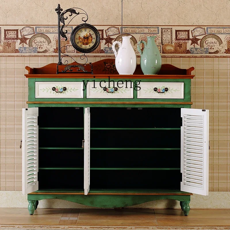 v9.9- rural shutters breathable shoe cabinet hand-painted dining side cabinet solid wood retro storage cabinet