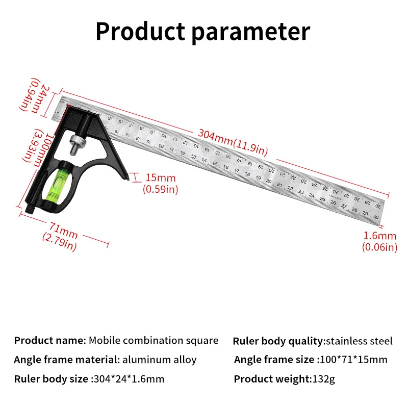 Angle Square Measuring Tools Set Precise Stainless Steel Aluminium Durable Adjustable Combination Spirit Level 12\