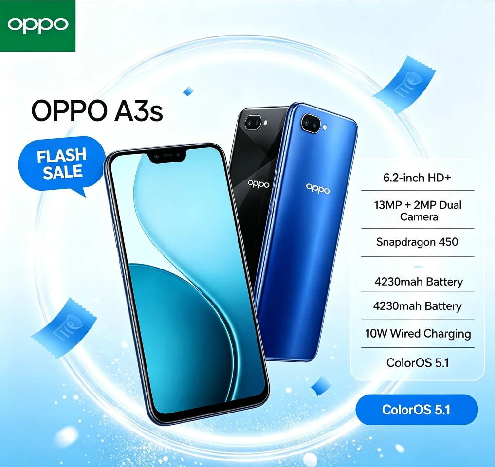 Latest 2026 OPPO A3s 5G Mobile Phone 8GB+256GB Dual SIM Helio P35 Processor 6.2-inch HD+ Full Screen AI Dual Camera Ample