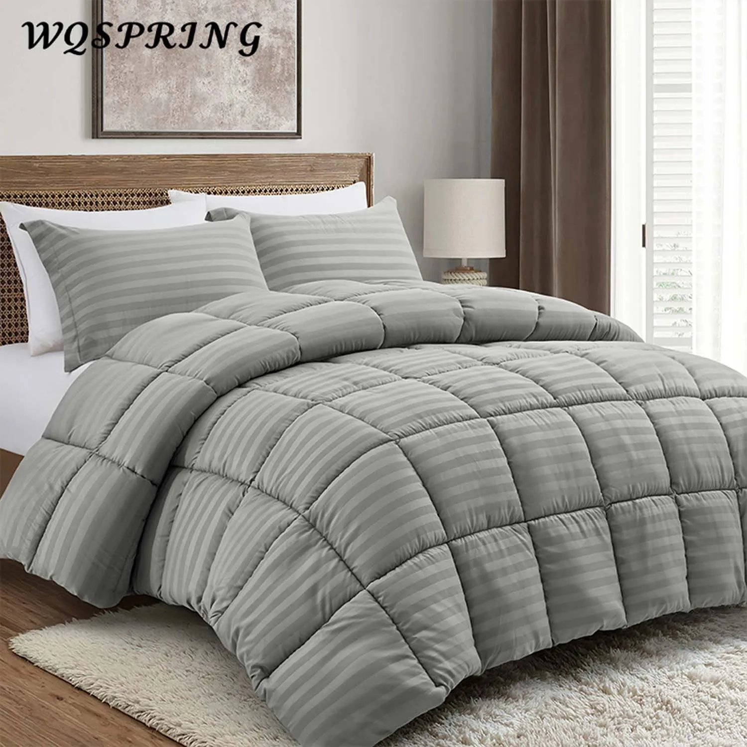 2/3pcs Fashion Luxury Comforter Pillowcases Set Grey Stain Stripe Quilted All Seasons Bedding Soft Warm And Skin-friendly Duvet
