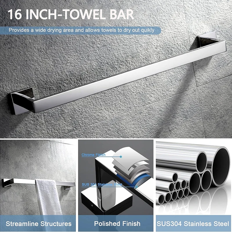 Luxury Polished Silver Bathroom Hardware Set Stainless Steel Toilet Paper Holder Robe Hook Towel Bar Rack Bathroom Accessories