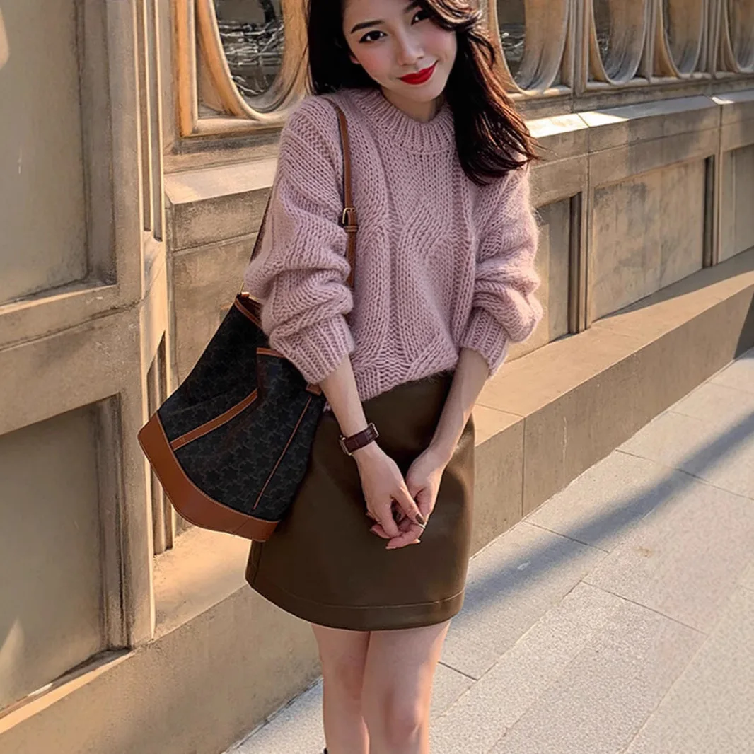 Pullovers women sweater 2026 casual Round-neck twist pattern Spring solid color loose knitted top women's clothing