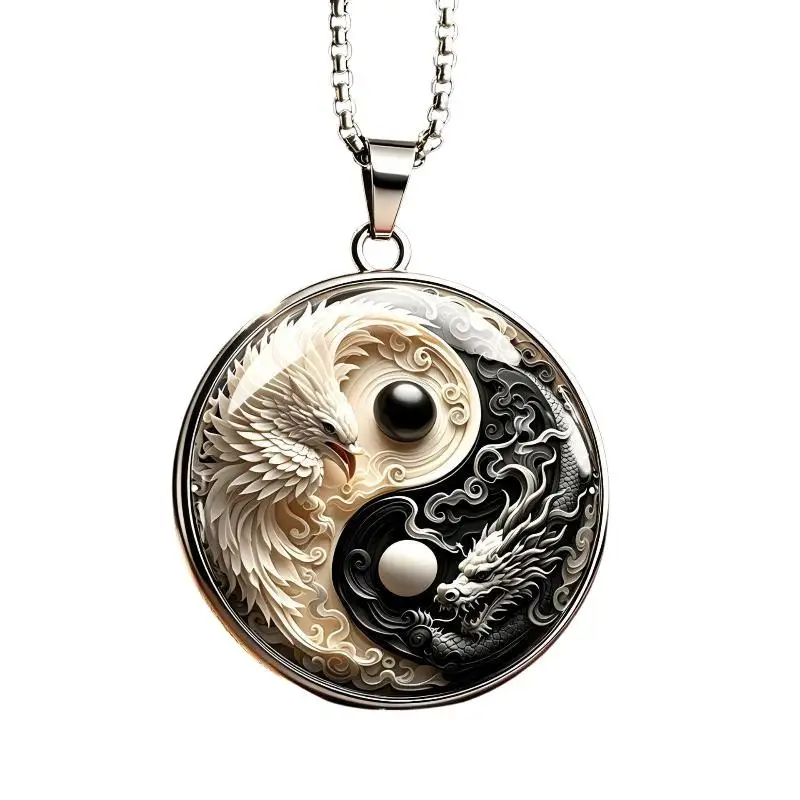 Modischer Glas-Zeit-Edelstein Weißer Phönix-Drachen-Talisman-Schlüsselanhänger Yin-Yang-Fisch Runder Glasanhänger DIY-Halskette Partygeschenk – Detail 5