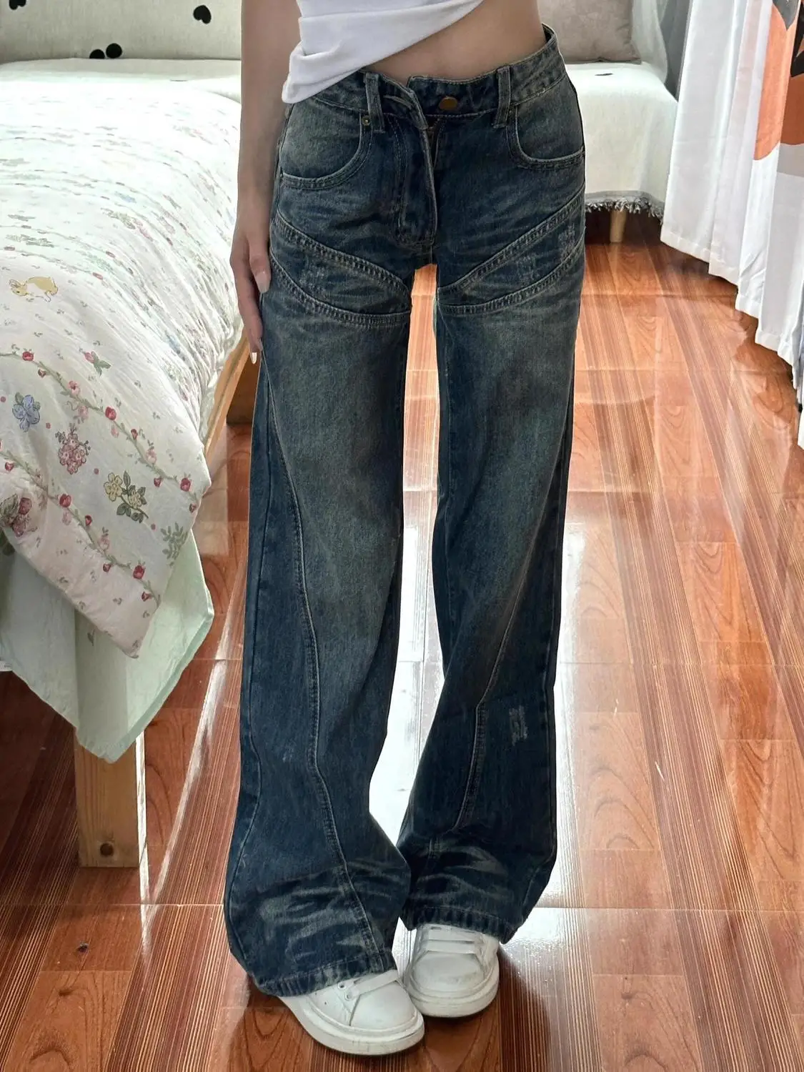 Pantalones vaqueros para niñas, ropa Vintage japonesa Palazzo, ropa femenina fluida drapeada de pierna ancha, moda vaquera, elegante, moderno