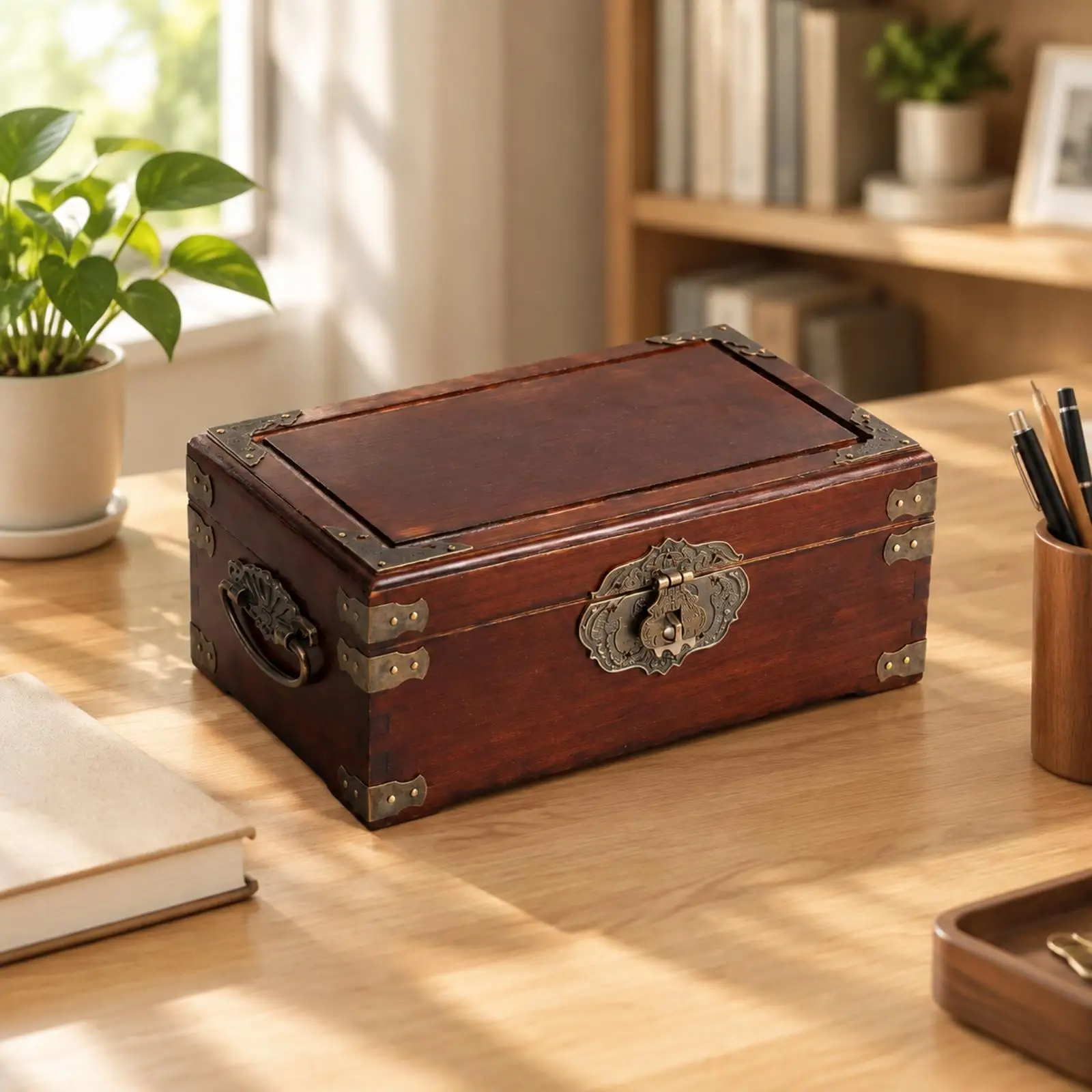 Wooden Chest Portable Wooden Storage Box with Hinged Lid Keepsake Box with Velvet Lining Vintage-Style for Desk, Dresser