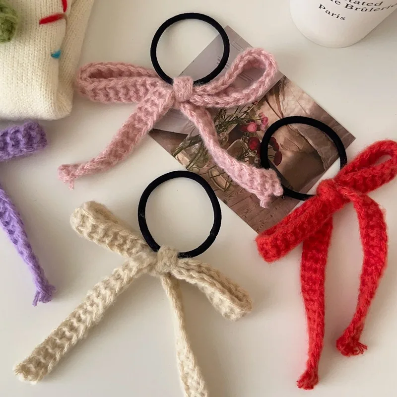 Colored Woolen Bow Hair Tie Scrunchies Headwear for Girls Korea Sweet Knitted Ribbon Ponytail Elastic Hair Band Hair Accessories