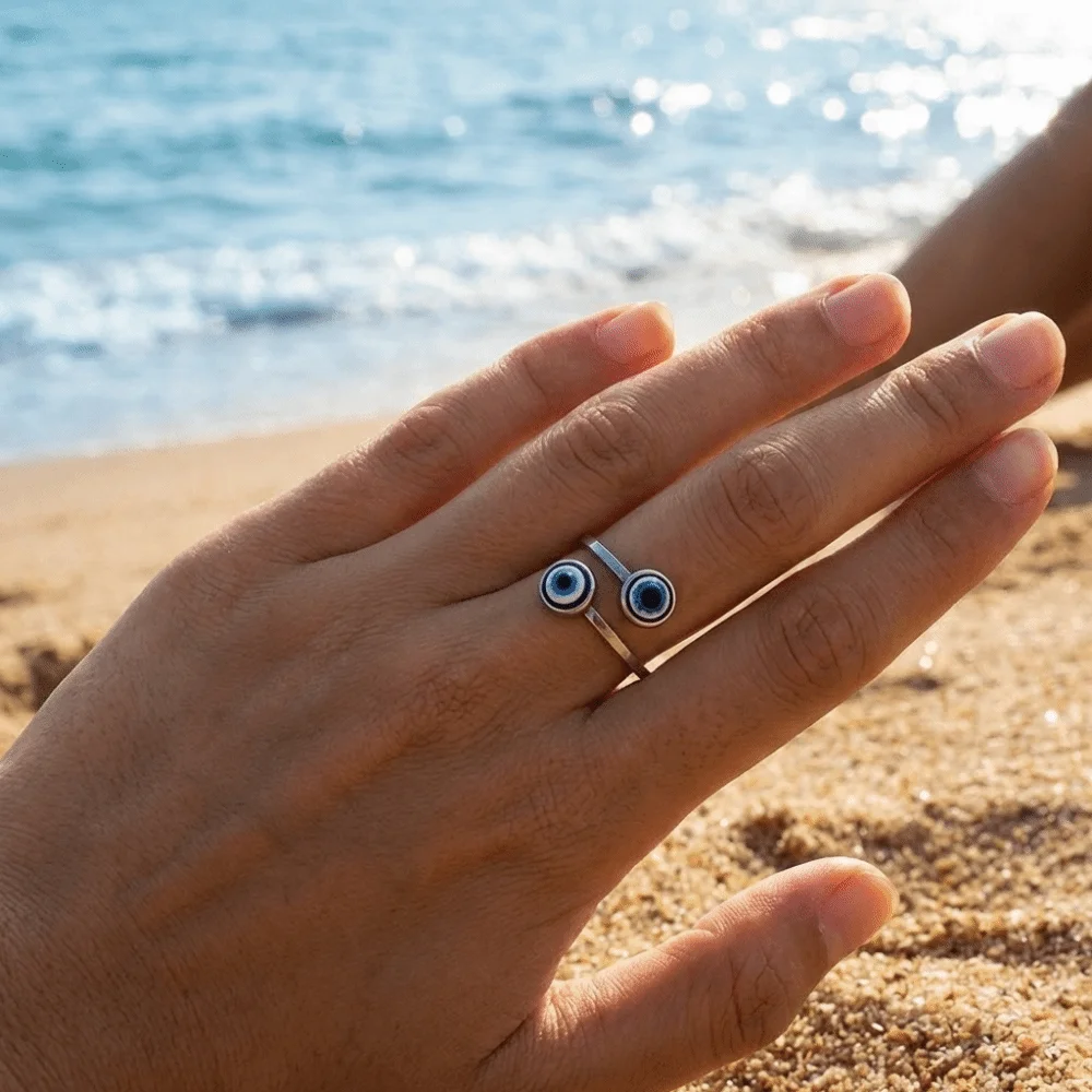 New Silver Color Double Blue Eye Ring Minimalist Open Ring Twisted Rings Lucky Zircon Adjustable Finger Jewelry Festival