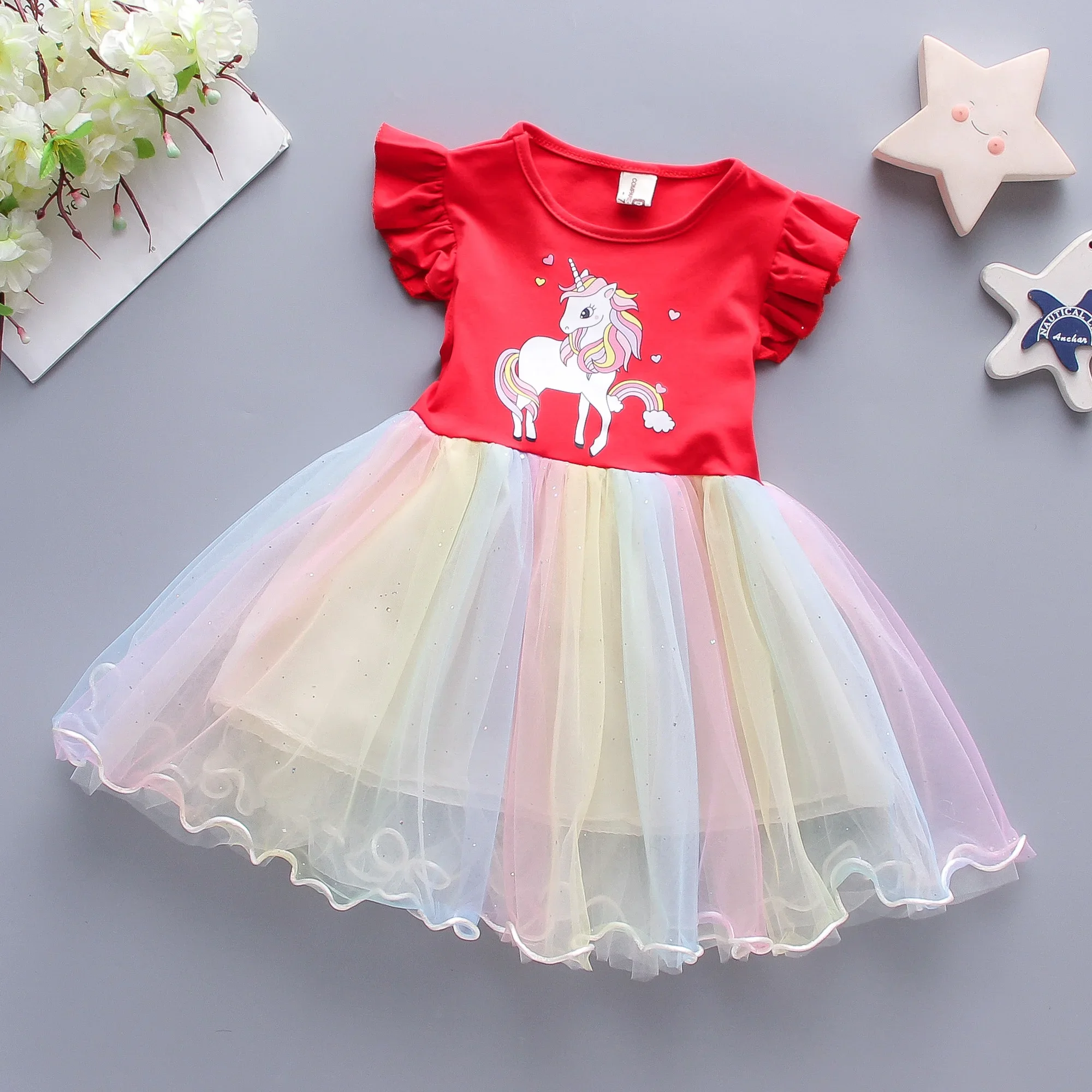 Summer Girls\' Dress Children\'s Wear New Cartoon Cloud Little Horse Rainbow Gradient Mesh Sleeveless Children\'s Dress