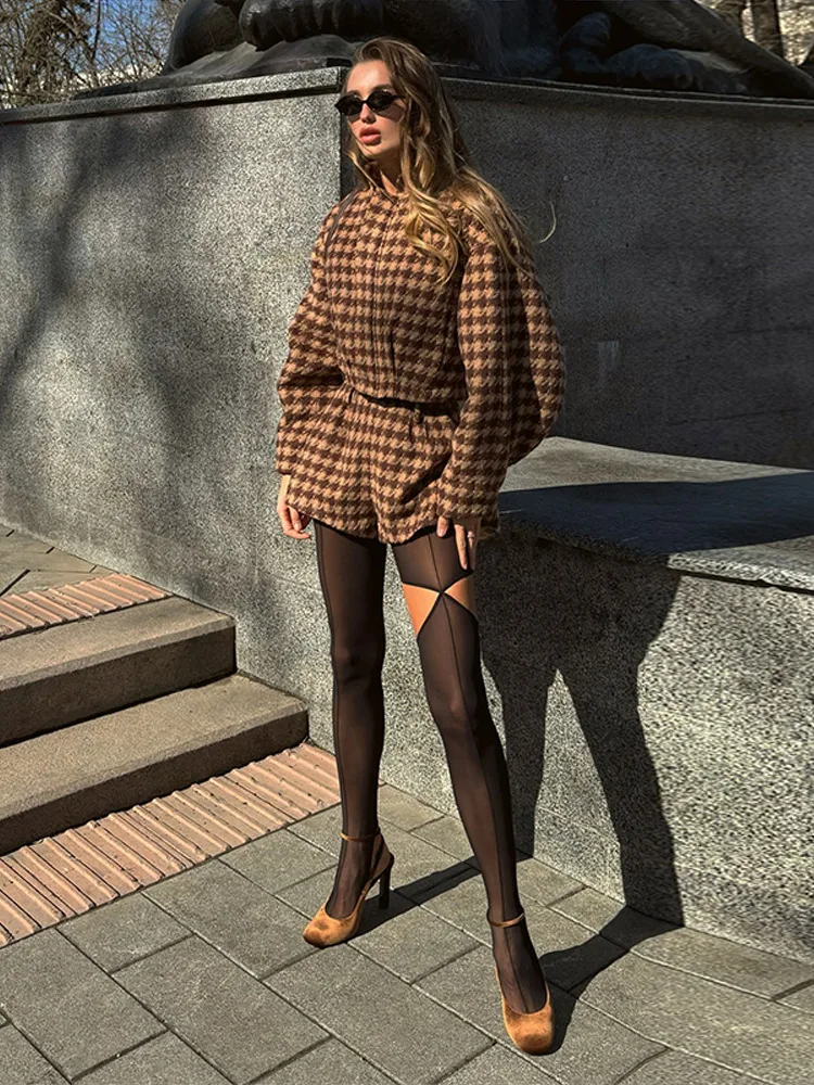Vintage Braun Frauen Plaid Mantel Kurze Sets 2 Stück Langarm Revers Jacke Hohe Taille Slim Fit Kurze 2025 Dame Mode Outfits – Detail 14