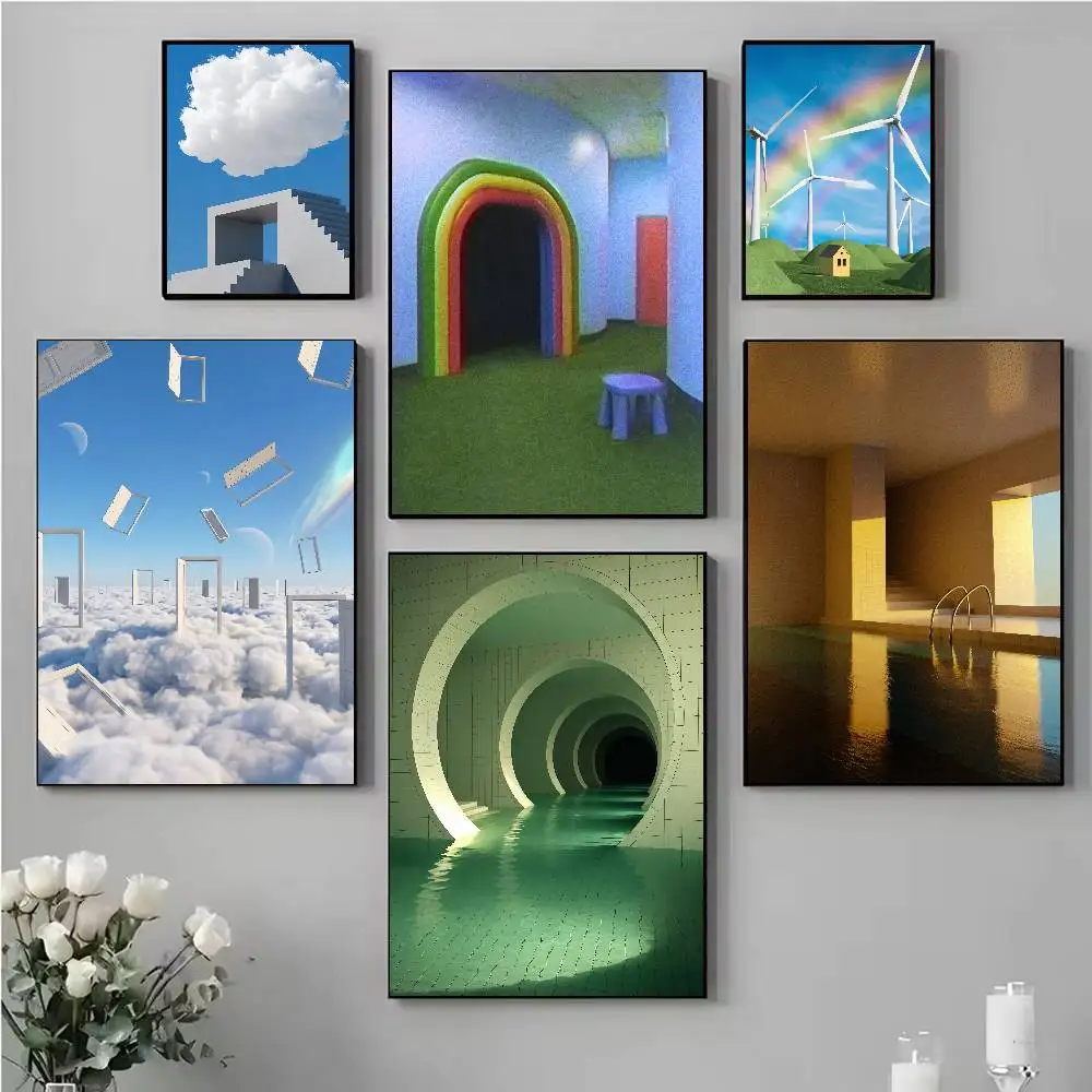Liminal Space Green Pool Poster, Dreamcore Tiled Bathroom Art Surreal Nostalgic Vibe Wall Decor for Weirdcore Aesthetic Room
