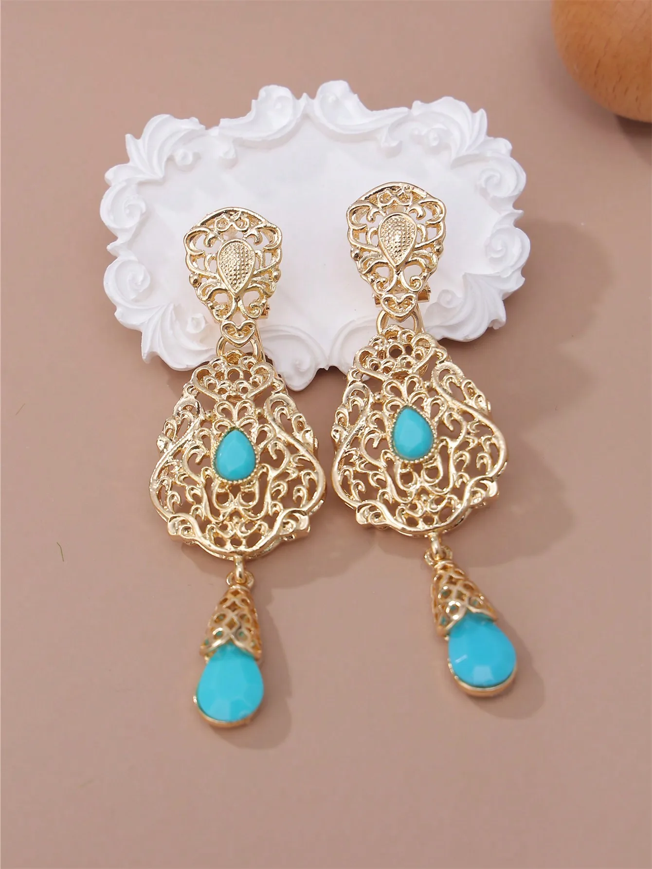 Moroccan Filigree Clip On Earrings Teardrop Crystal Arab Women Wedding Caftan Dangle Drop Party Jewelry