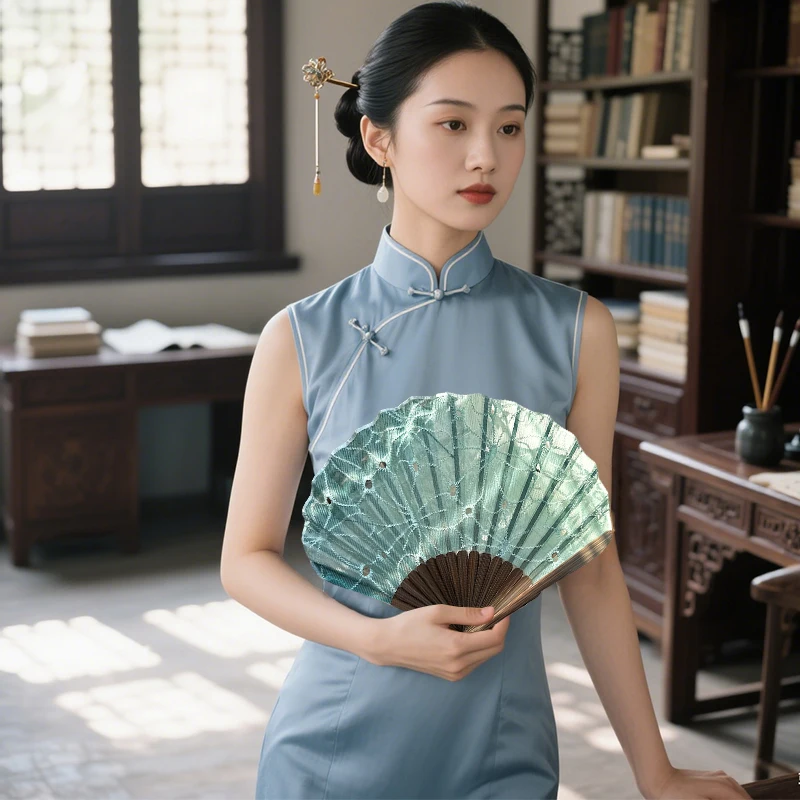 

Elegant Women's Lace Embroidery Folding Fan Shell Shaped Japanese Style Silk Bamboo Hand Fan with Pendant for Hanfu Wedding