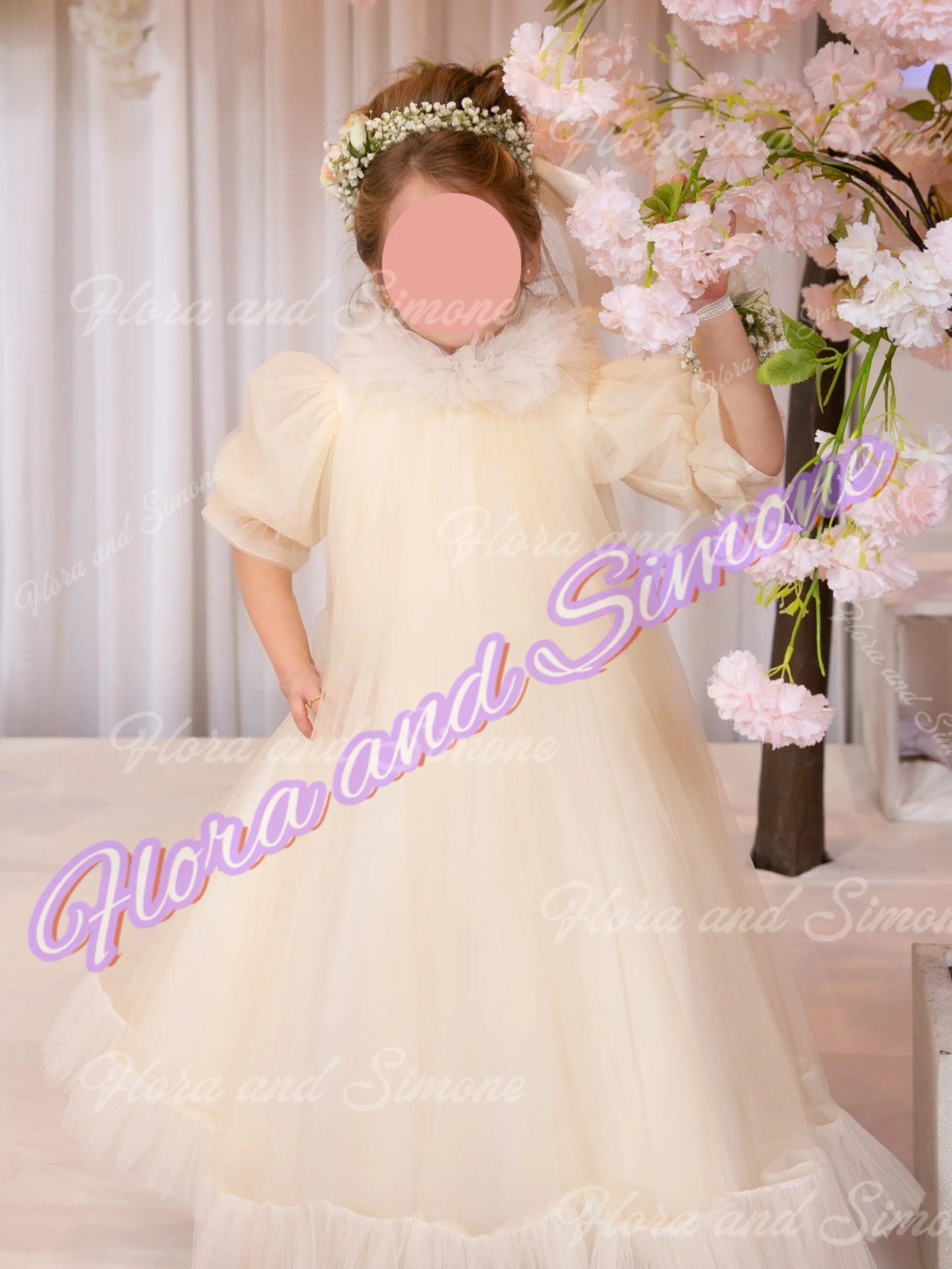 فساتين مخصصة للمناولة الأولى بأكمام قصيرة ورقبة عالية شبكية منفوشة أنيقة لفتاة الزهور مناسبة لحفلات الزفاف #1