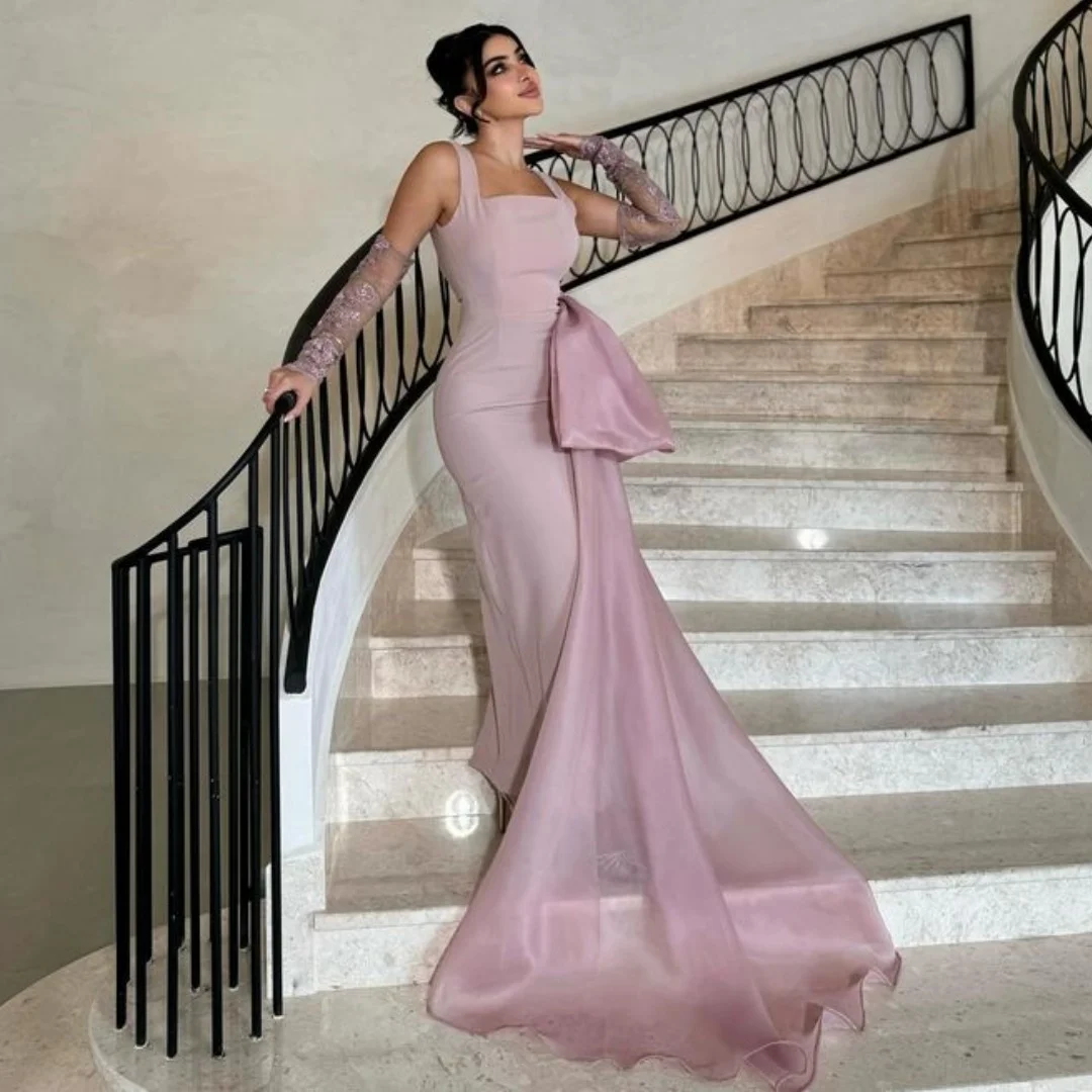 

Dusty Pink Arabic Evening Dresses Woman Elegant vestidos de noche Bow Sash Prom Dress 2025 Customized Luxury Pageant Gown