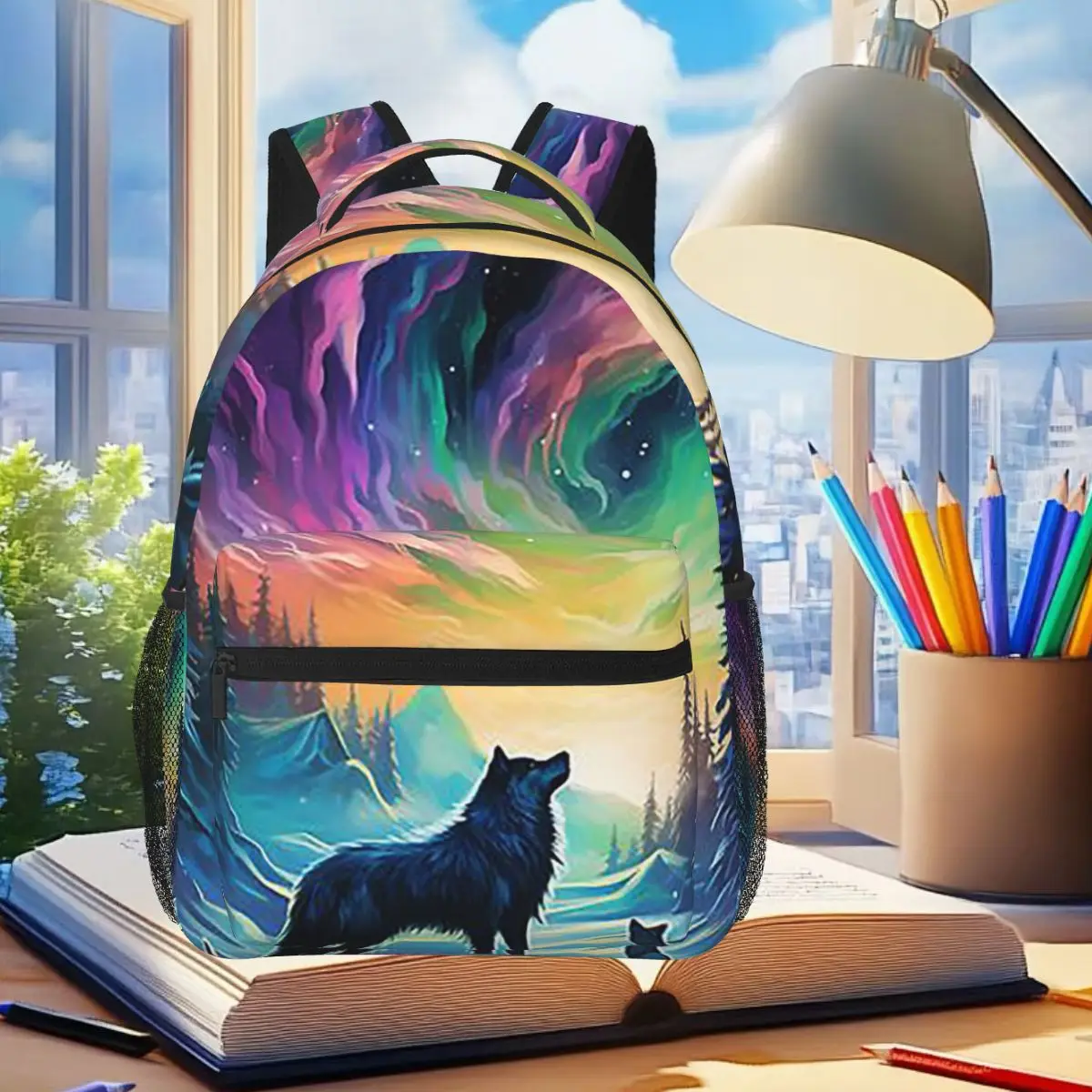 Lobo luz del norte Aurora Boreal paisaje montañas ríos árboles mochila mochila escolar para niños bolsos de hombro para ordenador
