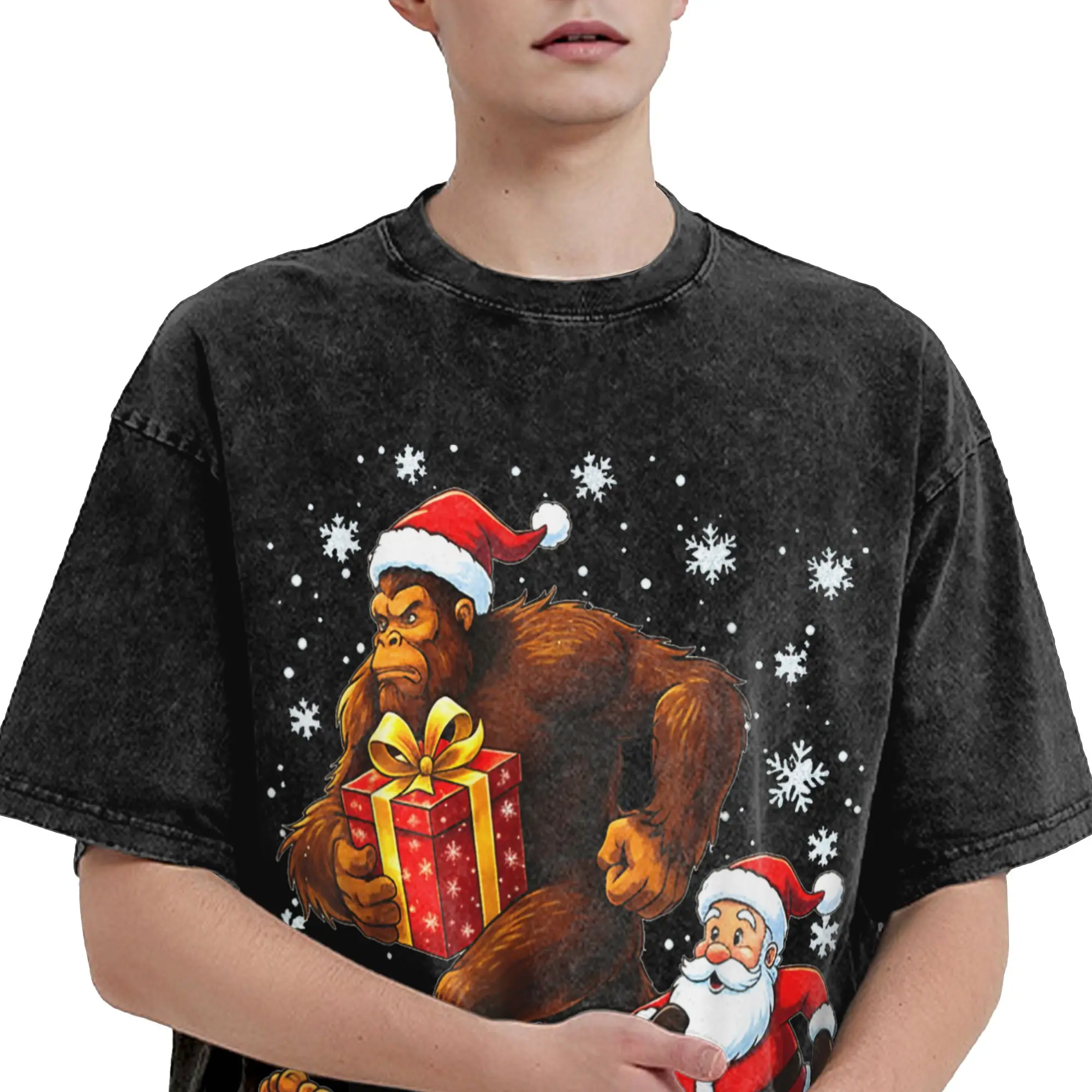 Novelty Bigfoot Christmas Sasquatch T-Shirts for Men Crewneck Pure Cotton Washed T Shirt  Short Sleeve Tee Shirt Summer Clothing