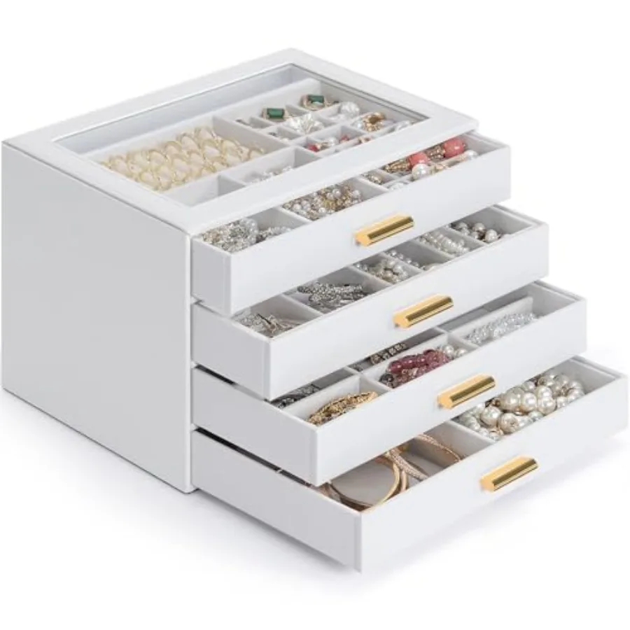 

Jewelry Box with Clear Lid Functional Leather Jewelry Storage Organizer Case 4 Drawers for Women Girls Necklace Ring Bracelet E