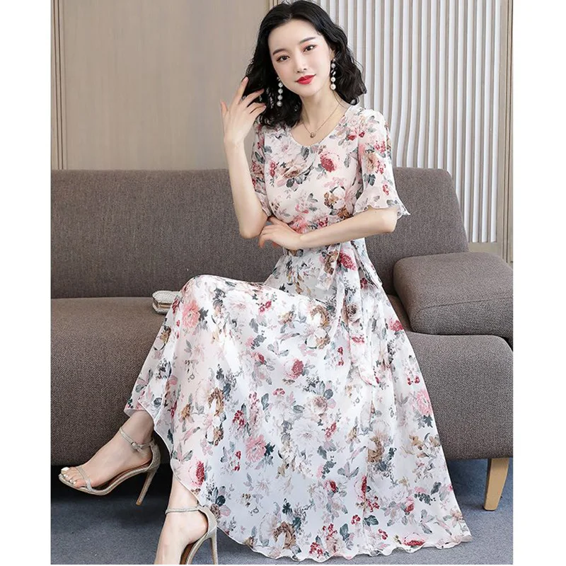 Elegant Ruffles Loose Printed Bandage Bow Midi Dress Women's Clothing 2023 Summer New Oversized Short Sleeve Korean Floral Dress