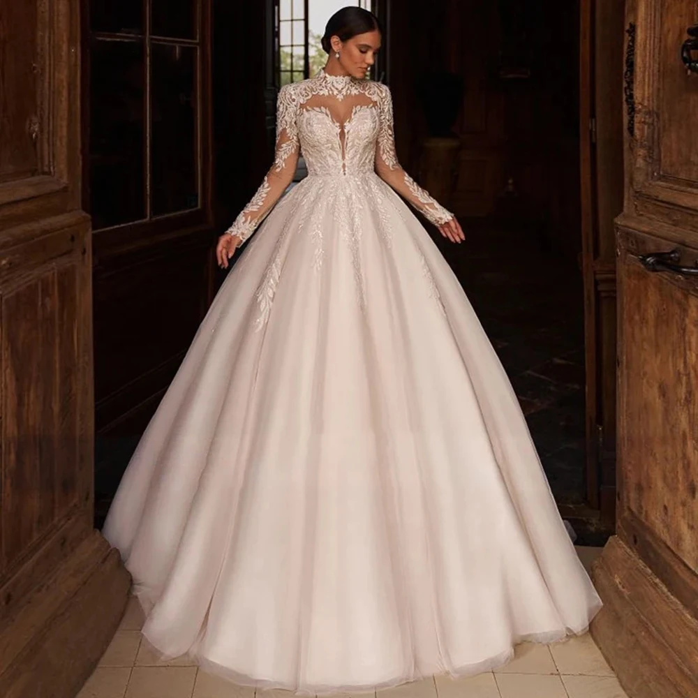 Exquisite Princess Ball Gown Wedding Dress 2024 Elegant High Neck Long Sleeve Lace Appliques Vintage Bridal Gowns Customized