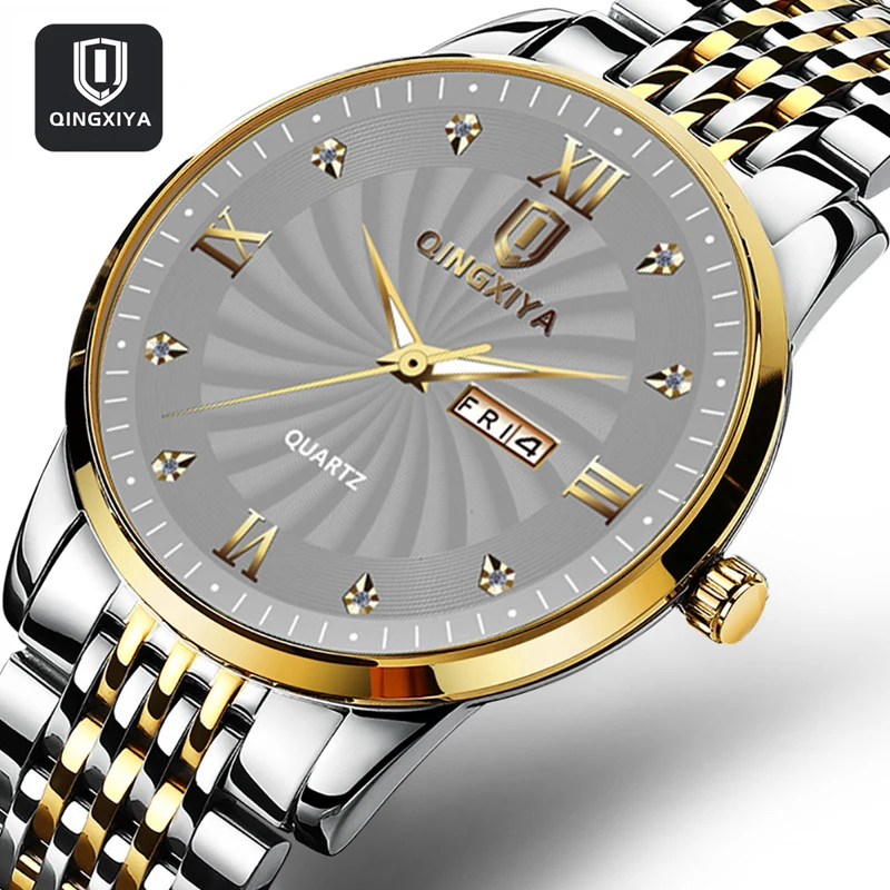 QINGXIYA ساعات رجالي العلامة التجارية الفاخرة الفولاذ المقاوم للصدأ ساعة كوارتز للرجال مقاوم للماء مضيئة تاريخ الأسبوع ساعة اليد الموضة