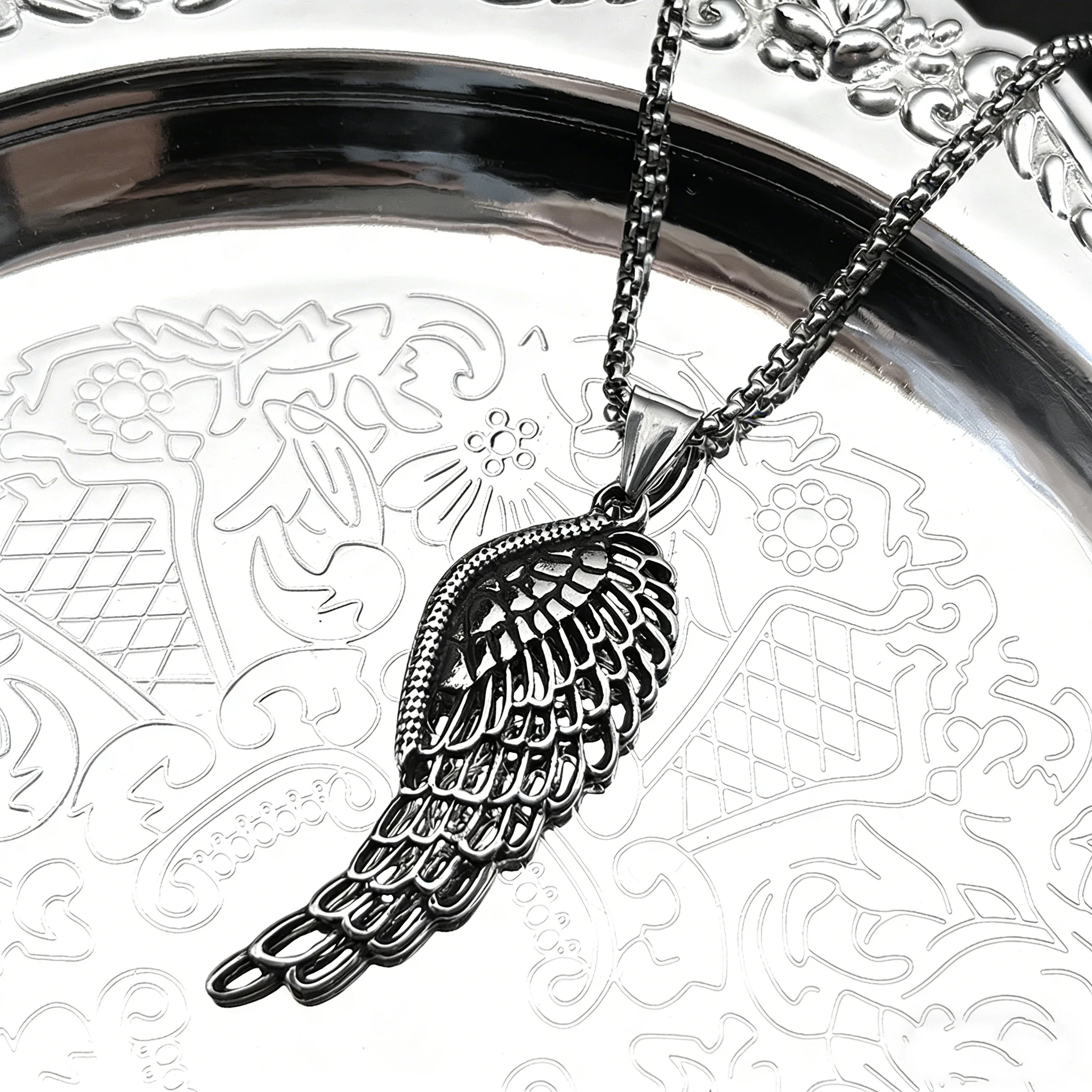 

Simple Retor Angel Wing Chain For Women Men Stainless Steel Silver Color Grain Gothic Fashion Daily Wear Necklace Jewelry