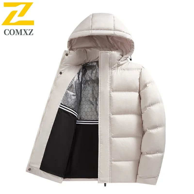 COMXZ Men Winter Down Jacket Hooded Outdoor Ski Thickened Warm Parka Cold Weather Windproof Fashion graphene Puffer Jacket 2025