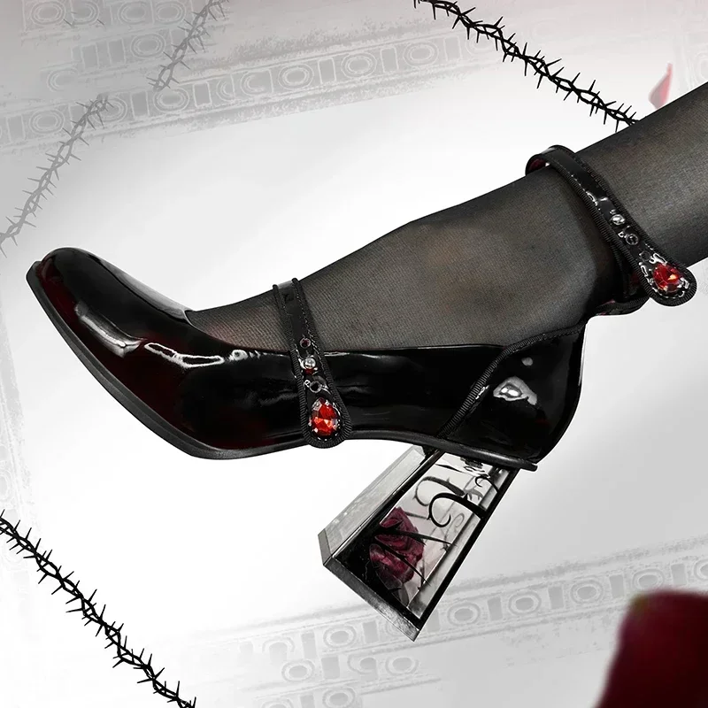 

Punk Gothic Women Shoes Spring High Heels Pumps Woman Ankle Straps Black Mary Jane Shoes Women Rose Heeled Patent Leather Shoes
