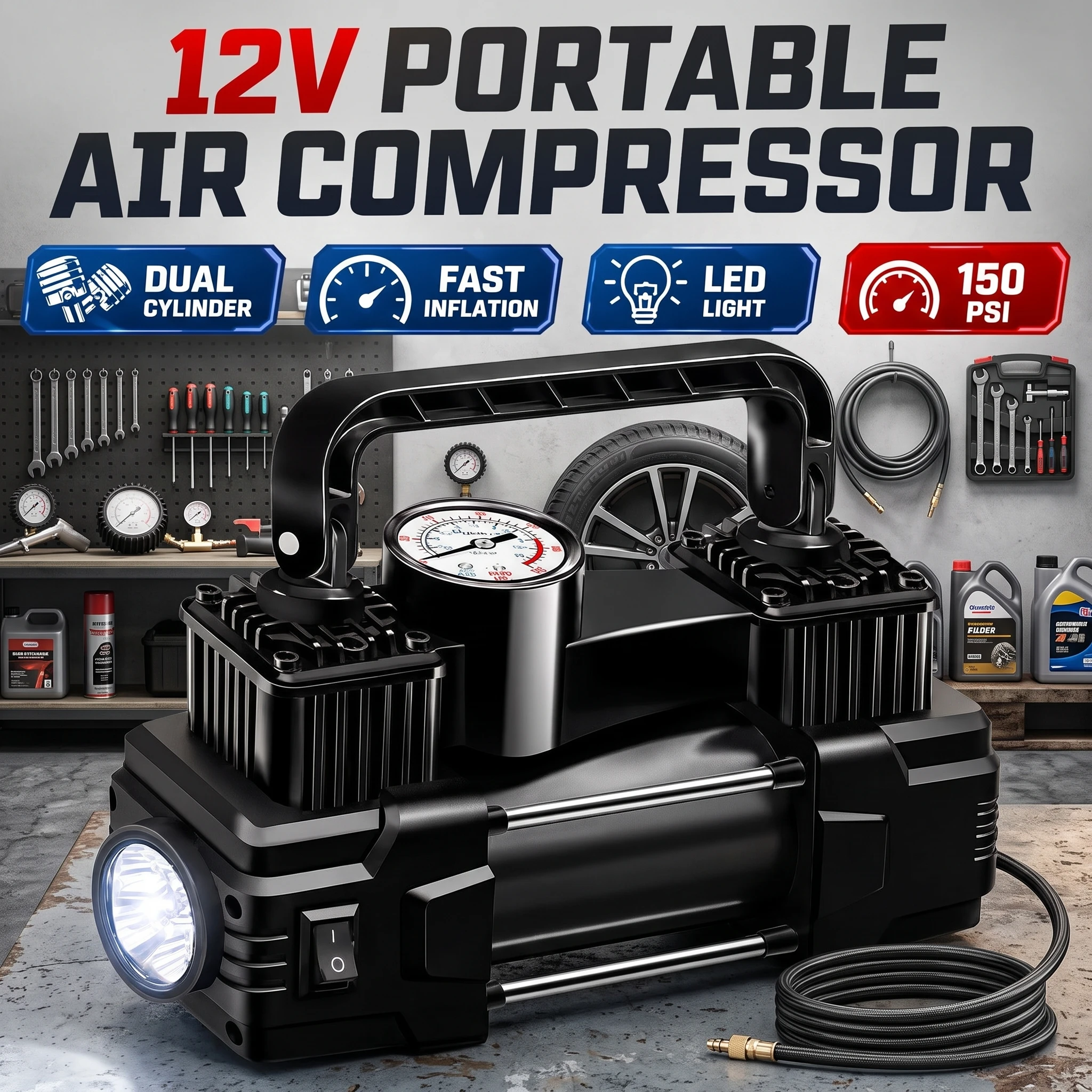 12V Portable Air Compressor Dual Cylinder Electric Vehicle Inflatable Pump Heavy Duty Car Tire Inflator Electric Pump For Cars Motor Bicycle Auto Inflatable Tools