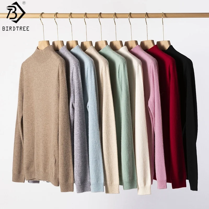 

Birdtree 100% Cashmere Bottoming Undershirt,Women Mock Neck Full Sleeve Solid Sweater,2025 Autumn/Winter Warmth PulloverT5O538JF