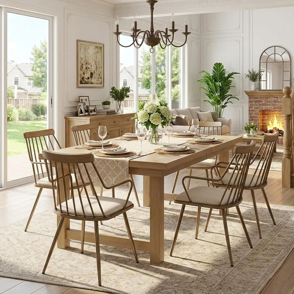 

Beige Linen Upholstered Dining Chairs Set of 6 with Arms & Metal Legs, Spindle Back Chairs for Kitchen or Living Room