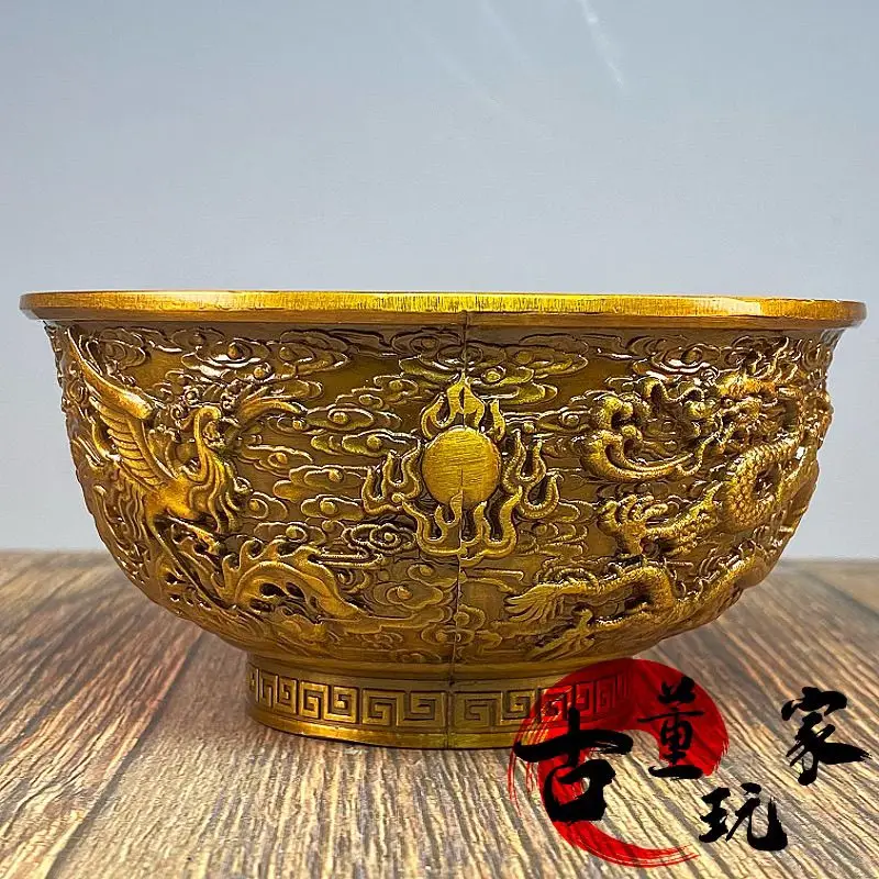 Bronze relief dragon and phoenix play beads copper bowl lucky treasure basin