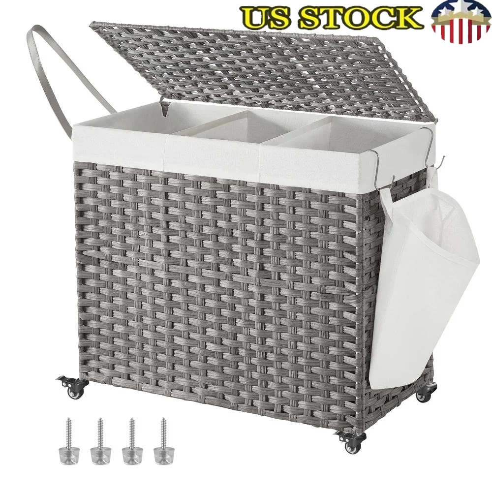 Rolling Laundry Basket with Wheels 3-Section 42.3 Gallons Large Capacity Synthetic Rattan Hamper Removable Liner Robust Metal