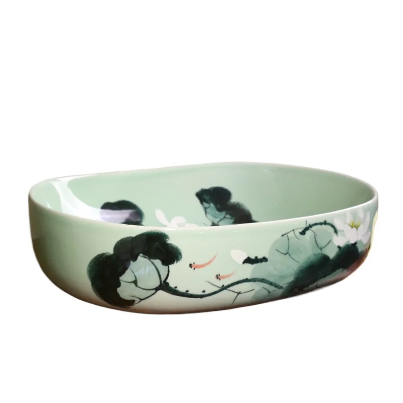 

Retro green lotus table basin oval ceramic washbasin antique table basin hotel home