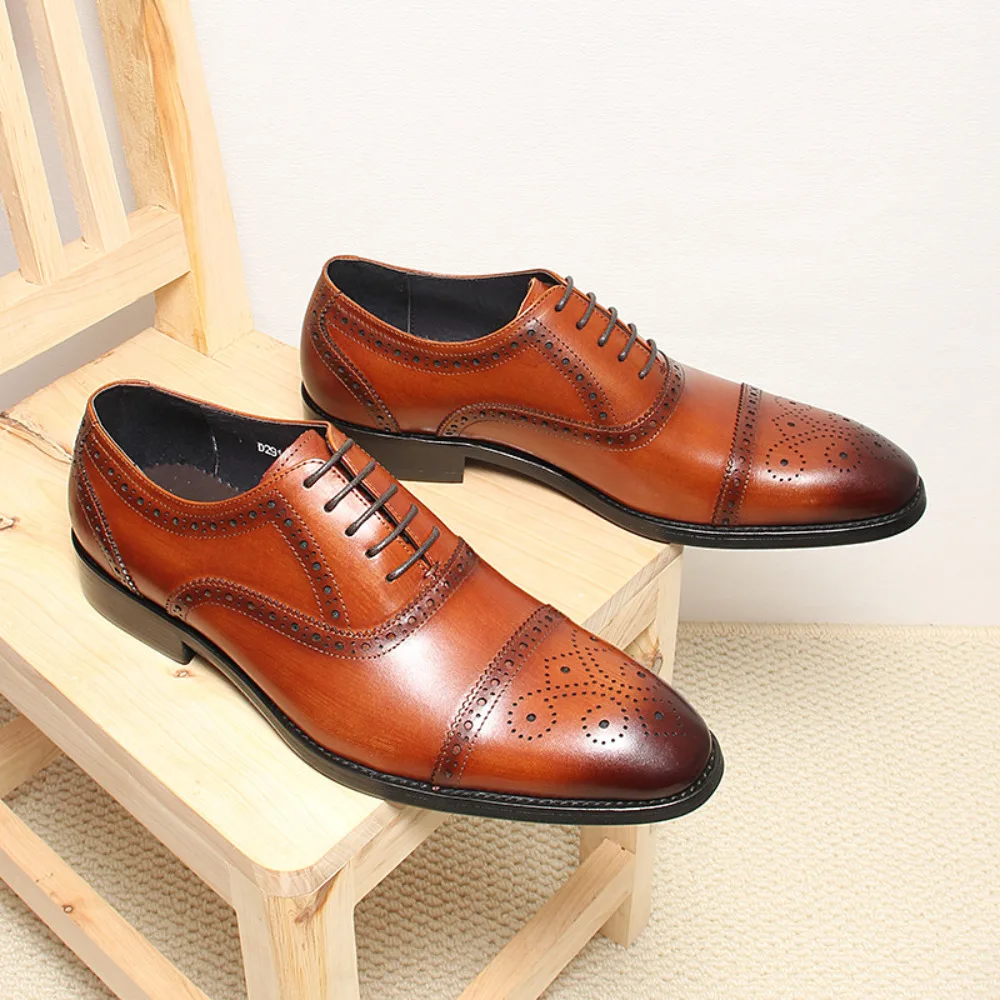 Handmade Full Grain Leather Brogue Formal Dress Shoes for Men Breathable Business Oxfords Wedding Groom Leather Shoes