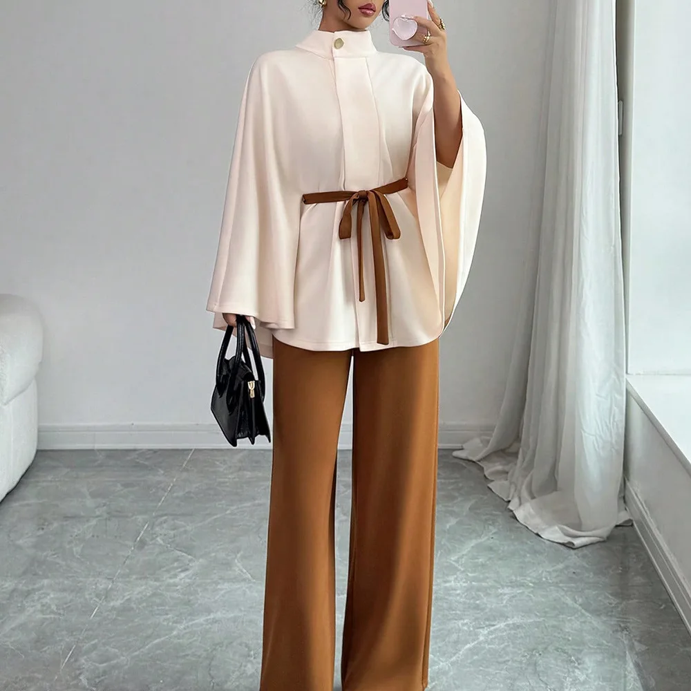 

Women's Woolen Set Sophisticated Stand Collar Short Coat Elegant Bell Sleeve Waist-Tie Jacket and Skirt 2-Piece Slim Fit Set