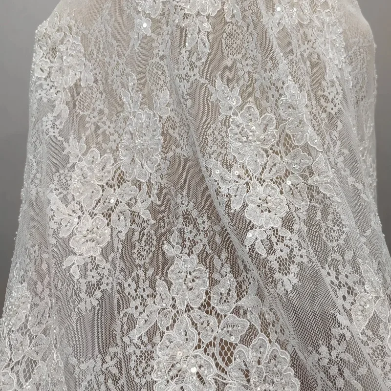 3M--1.5M. New Light Luxury French Lace Fabric, Adorned with Positioning Bead Embroidery and Bone Embroidery Hollow Design