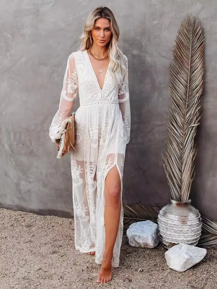 

Lace Long-sleeved V-neck Solid Color Dress Autumn Fashion High Street Women Clothing Long Dresses Elegant Temperament Vestidos