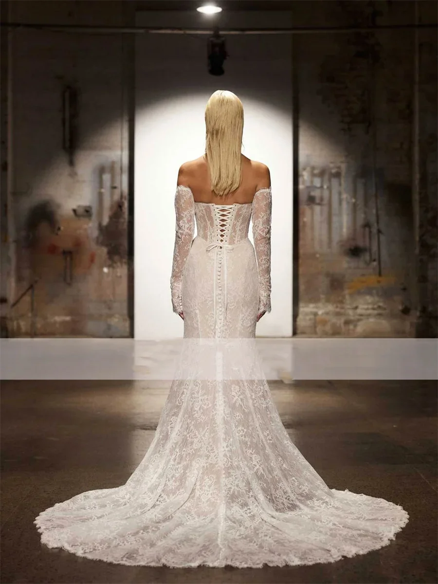 오프숄더 레이스 머메이드 웨딩드레스 긴팔 신부 드레스 여성 스윕 트레인 신부 드레스 베스티도스 데 노비아 맞춤 제작