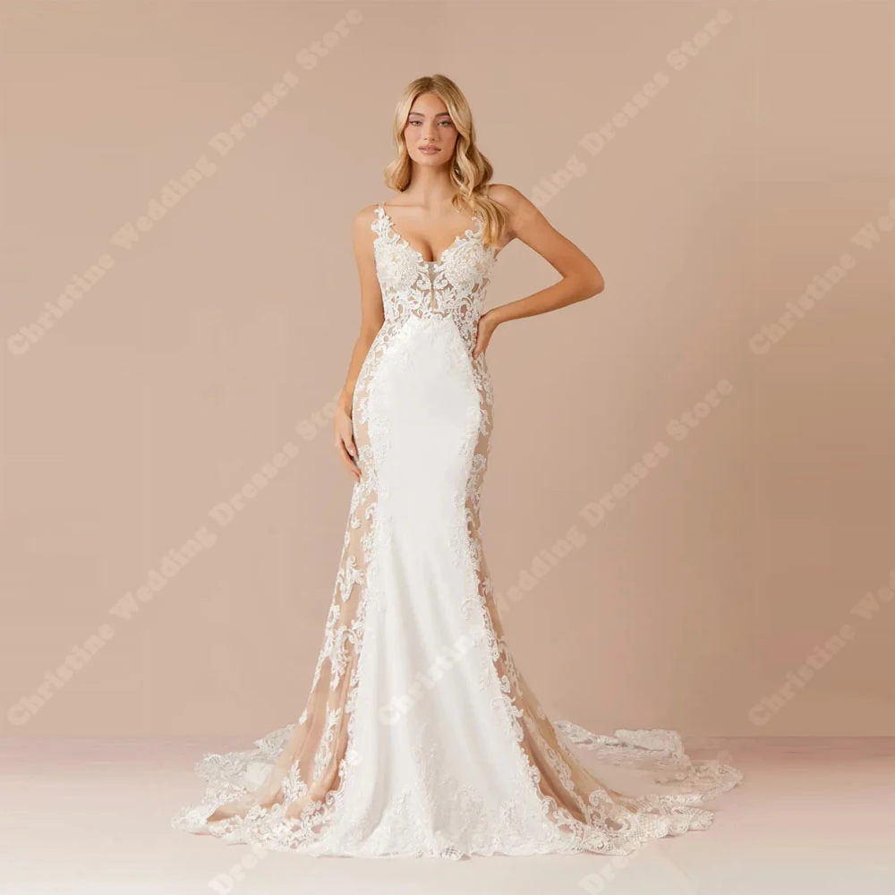 

Elegant Lace Printing Women Bridal Gowns Sexy A-Line Sleeveless Luminous Wedding Dresses New Formal Deep V-Neck robe de mariée