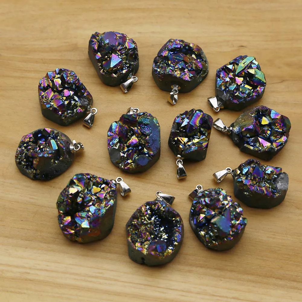 Natural Raw Stone Irregular Rainbow Crystal Cluster Pendant Electroplated Color Necklace Charm Fashion Accessories Wholesale 15P
