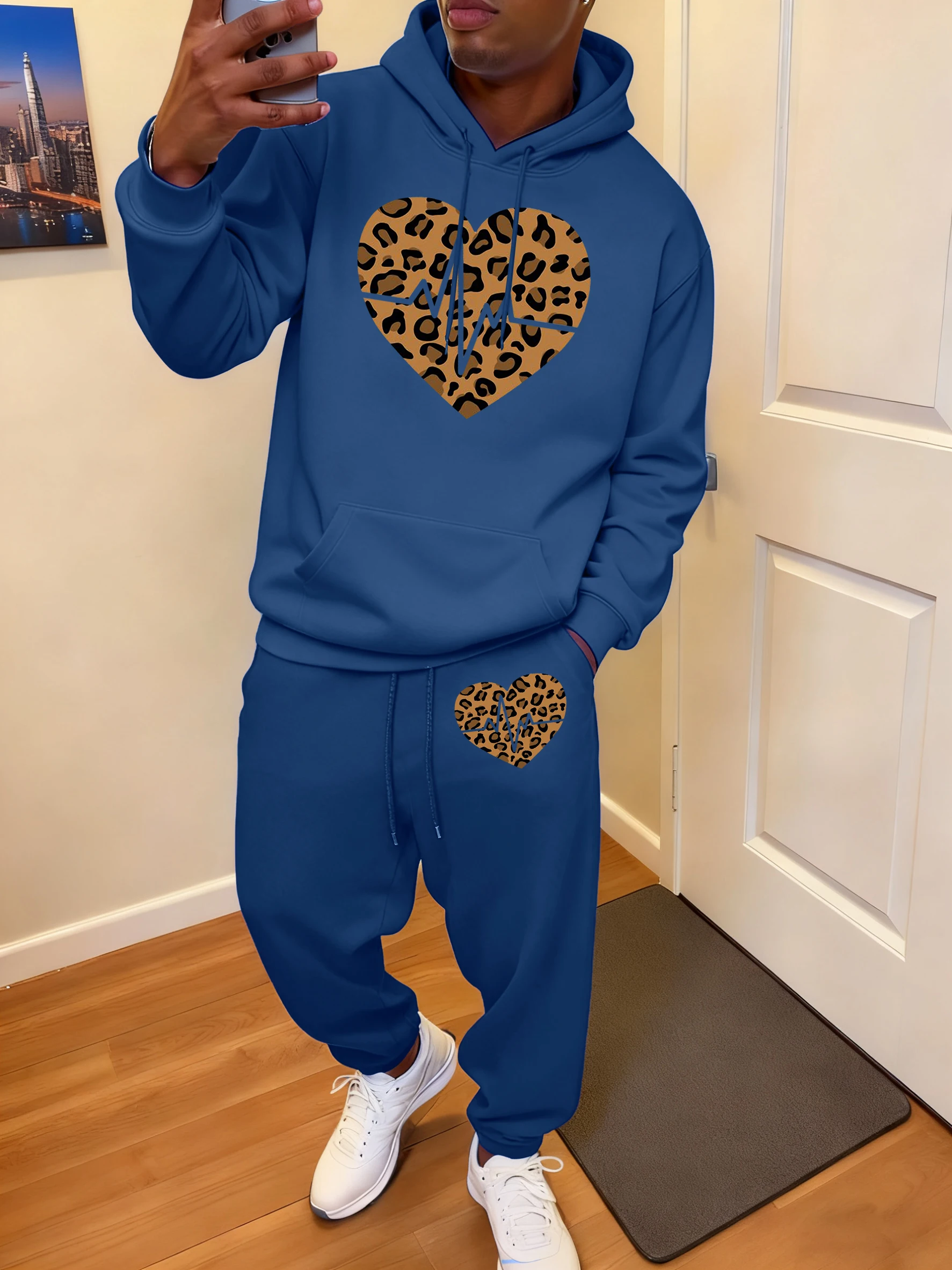 

Leopard Print Heart Prints Basics Hoodie Men Street Autumn Sweatshirts Set Hipster All-Match Long Pants Pocket Fleece Sweatpants