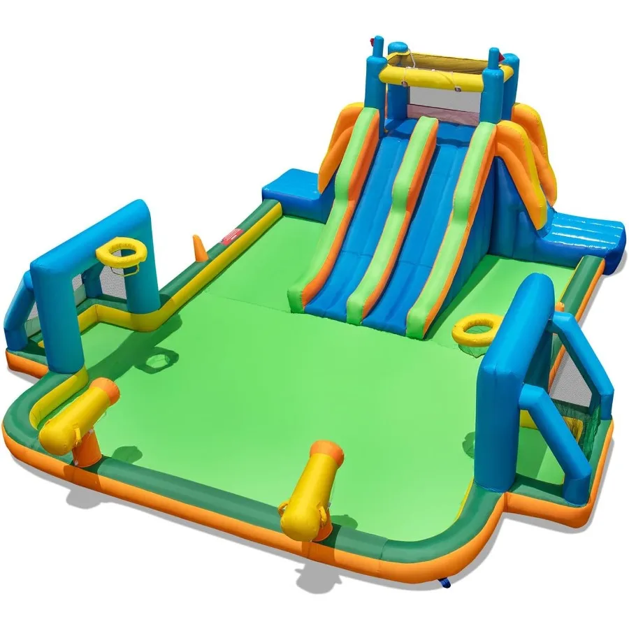 에어 슬라이드, 듀얼 슬라이드가 있는 뒷마당 바운스 하우스, 물놀이 풀, 클라이밍 월, 물대포, 축구 골대, 농구