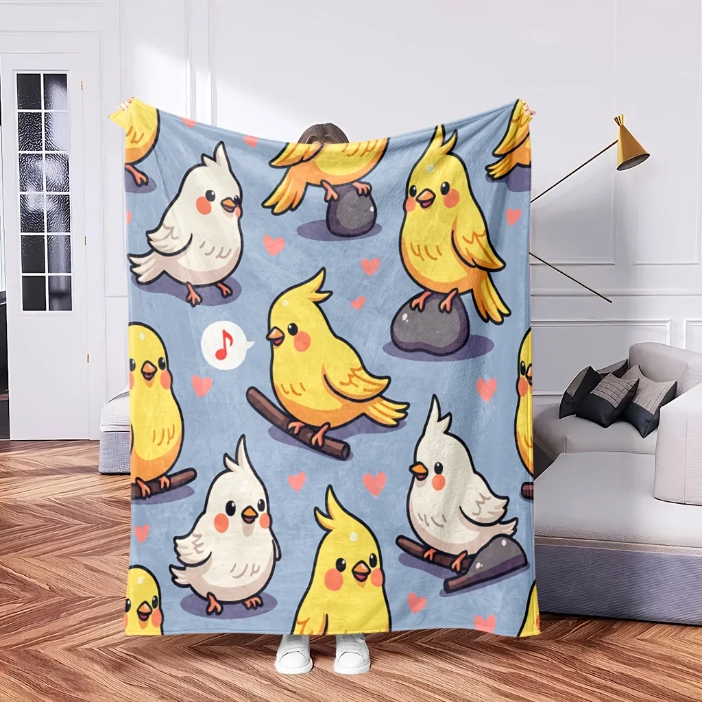 Comfortable Cartoon Birds Pattern Flannel Blanket Soft High-Definition Digital Print Blue Background with Cute Yellow and White