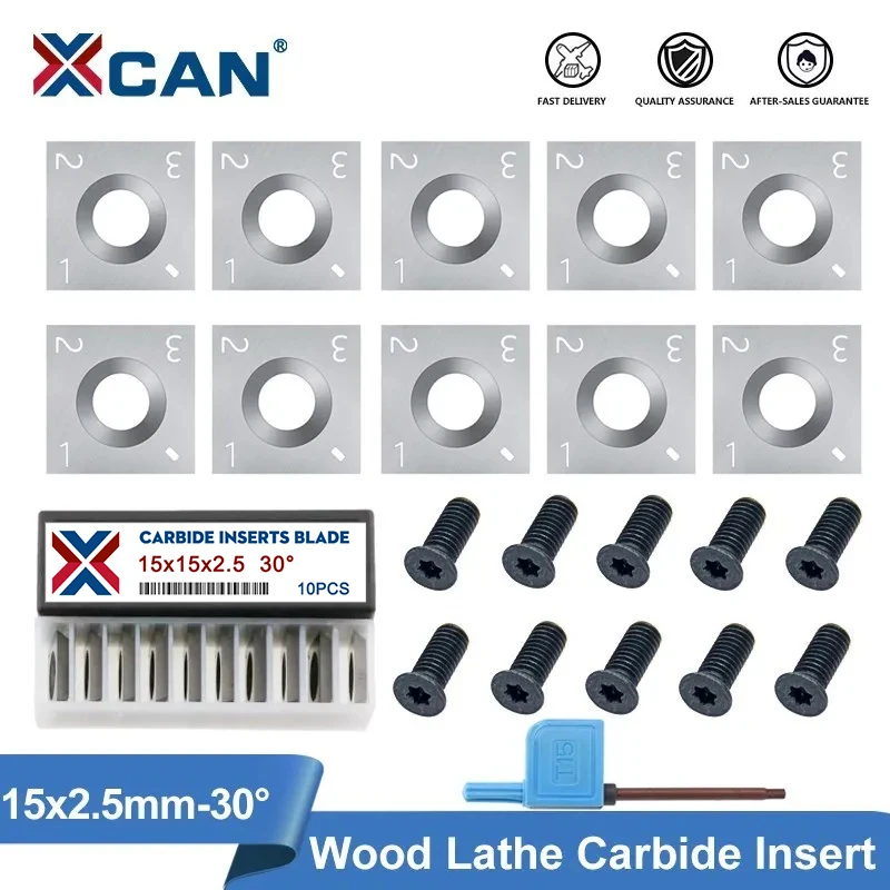 XCAN Wood Turning Lathe Tool Square Carbide Insert 10pcs 15x15x2.5mm 30Degrees Spiral/Helical Planer Cutter Head 