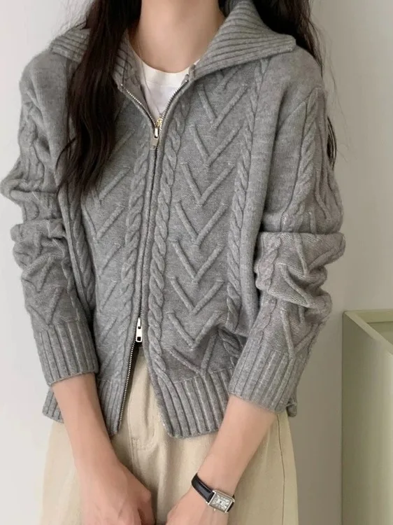 

Открытый кардиган с двойной молнией, вязаный свитер, женский свободный осенне-зимний модный утягивающий трикотаж небольшого размера f с открытым воротником