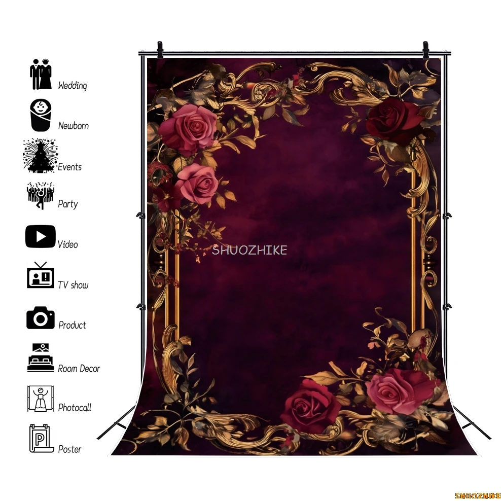 خمر الإطار الذهبي الزهور التصوير خلفية الظلام الأحمر الأزهار جدار الزفاف الكبار الاطفال صورة خلفية الصورة الحوامل