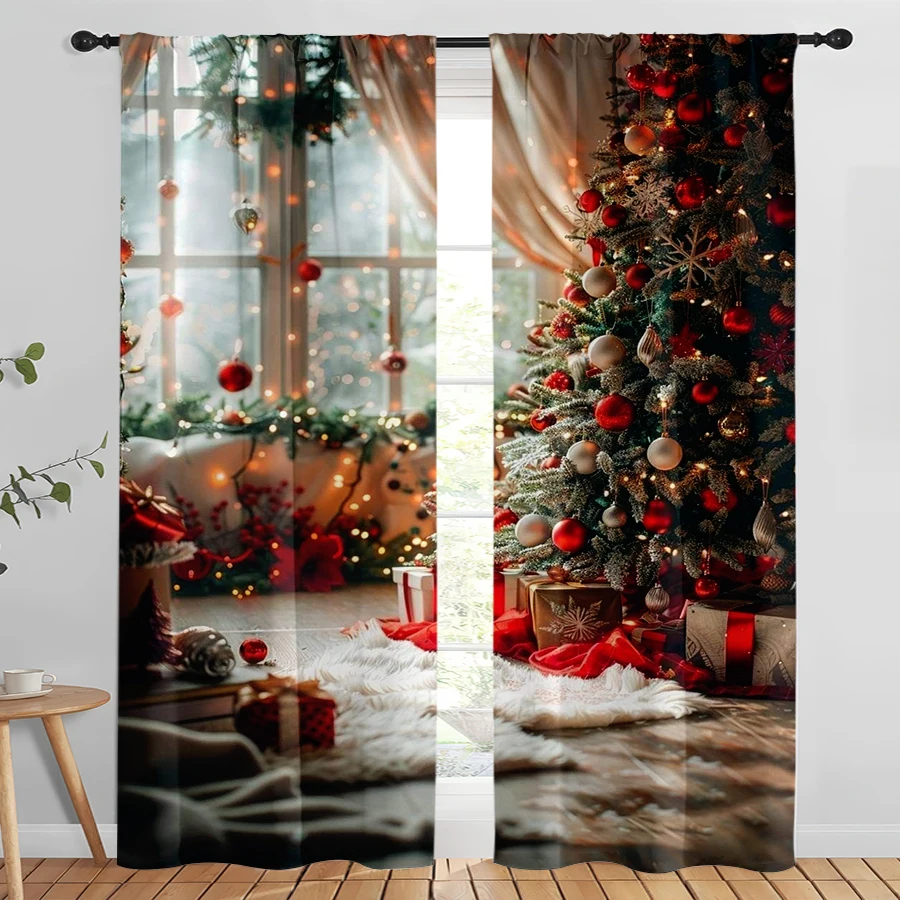 2PCS Digital Print Christmas Curtains, Window Tree Gifts Warm Fairy Lights, Classic Cozy Window Drapes for Holiday Home Decor
