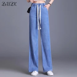 ZUZK Women Straight Style Wide Leg Jeans Summer Thin Loose Droop Elasticity High Waist Denim Long Pants Korean Casual Pants
