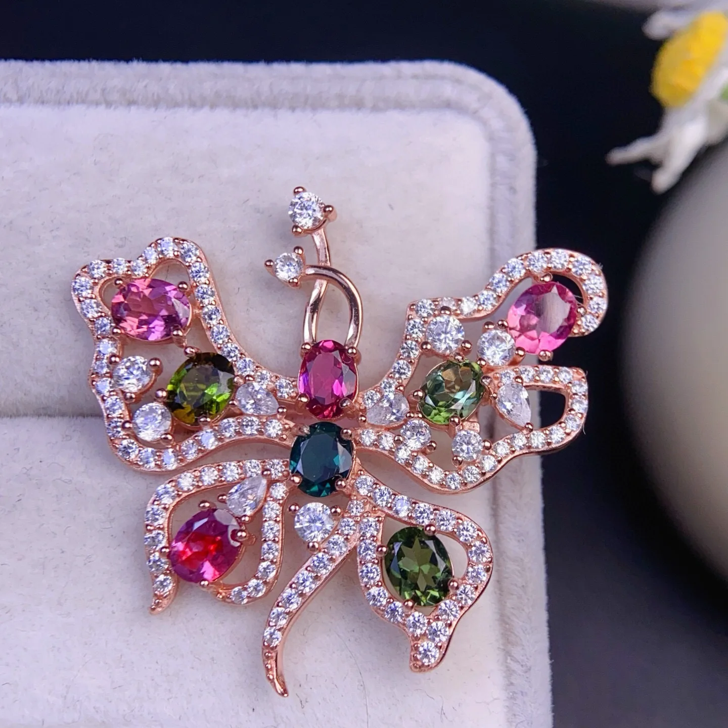 925 Silver Natural Tourmaline Brooch, Heirloom Butterfly Design Pendant & Brooch Two-Way, Colorful Jewelry Gift